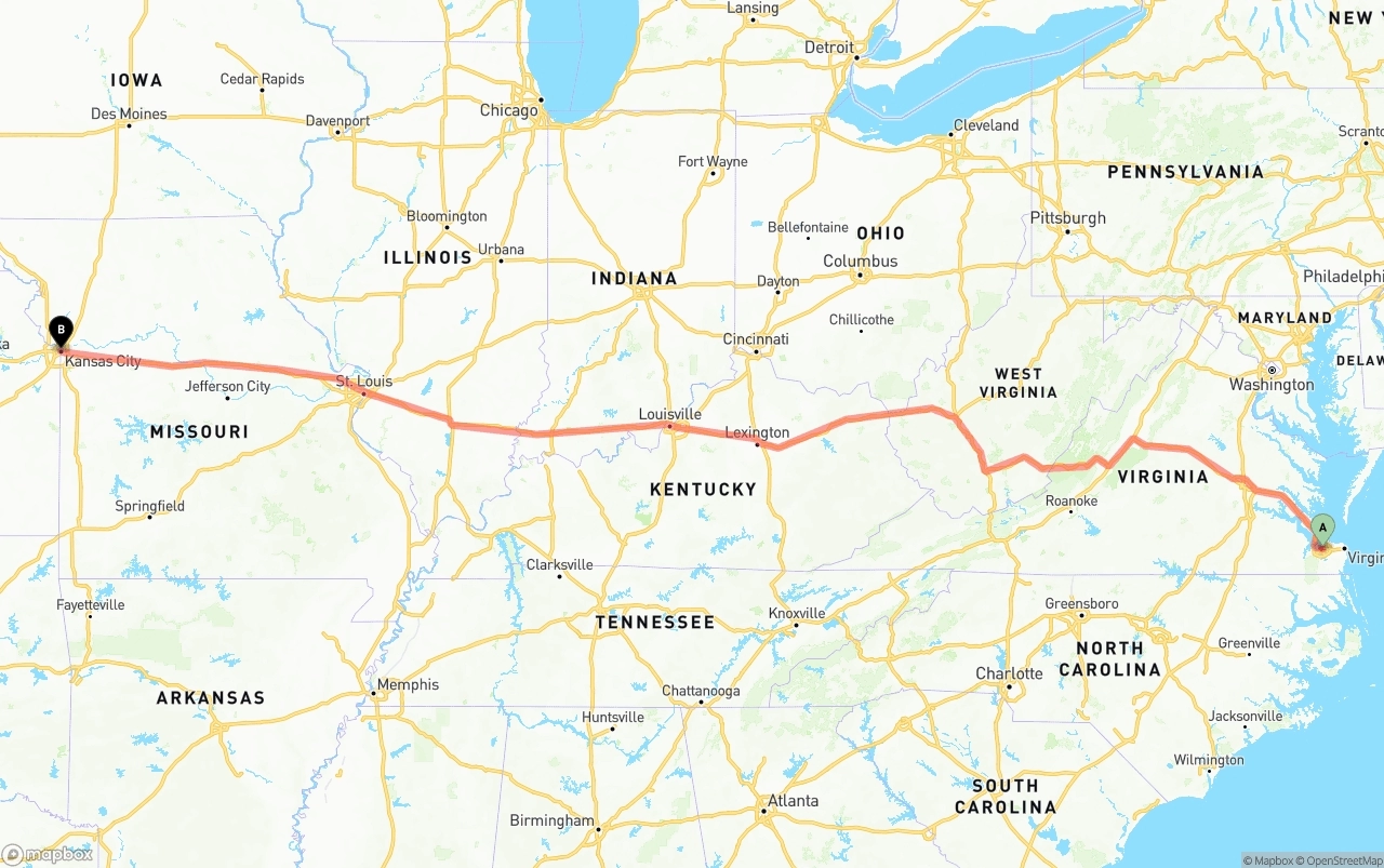 Shipping route from Port of Norfolk to Kansas City
