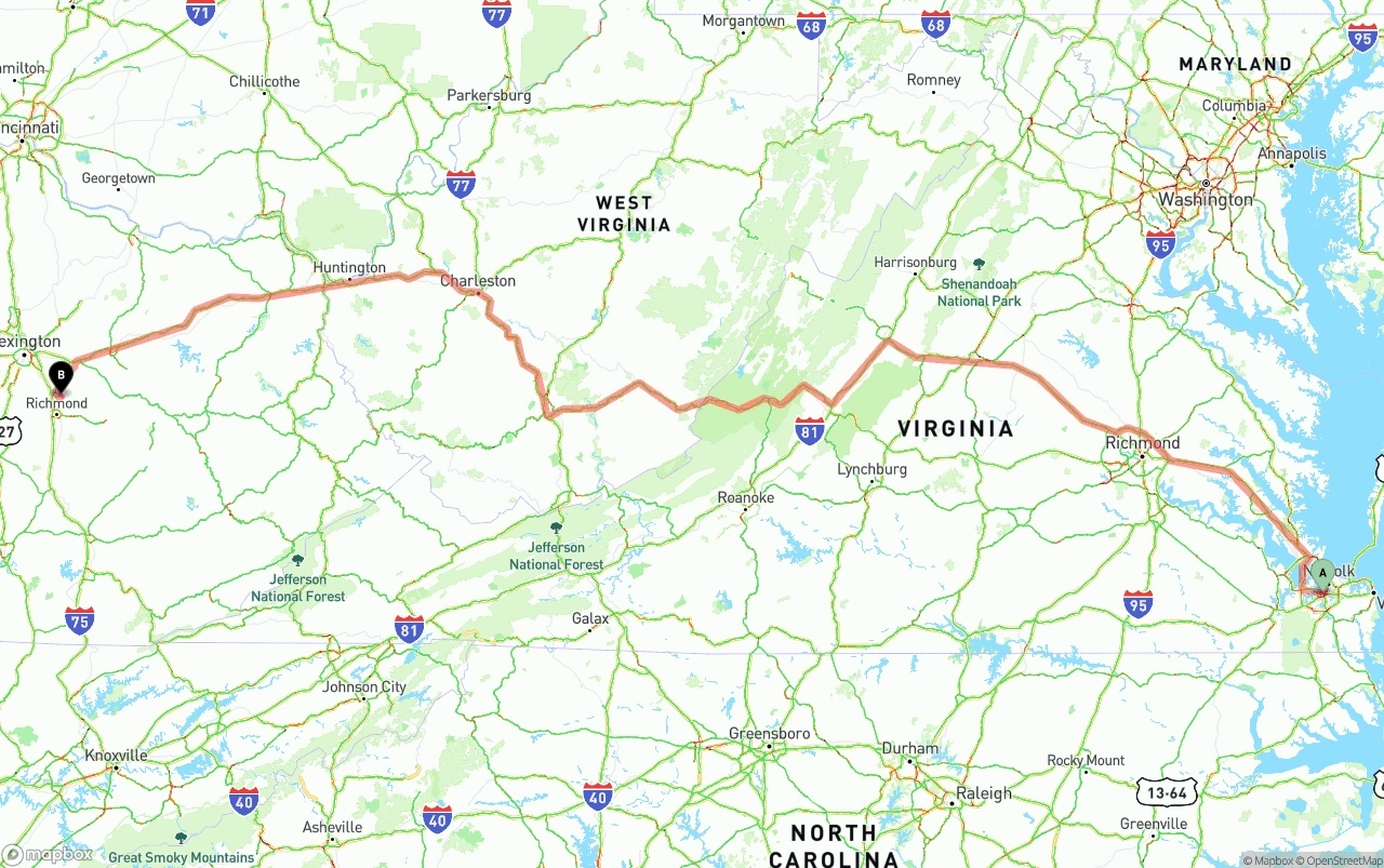 Shipping route from Port of Norfolk to Kentucky
