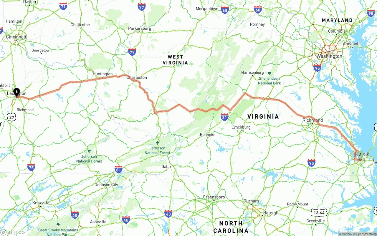 Shipping route from Port of Norfolk to Lexington