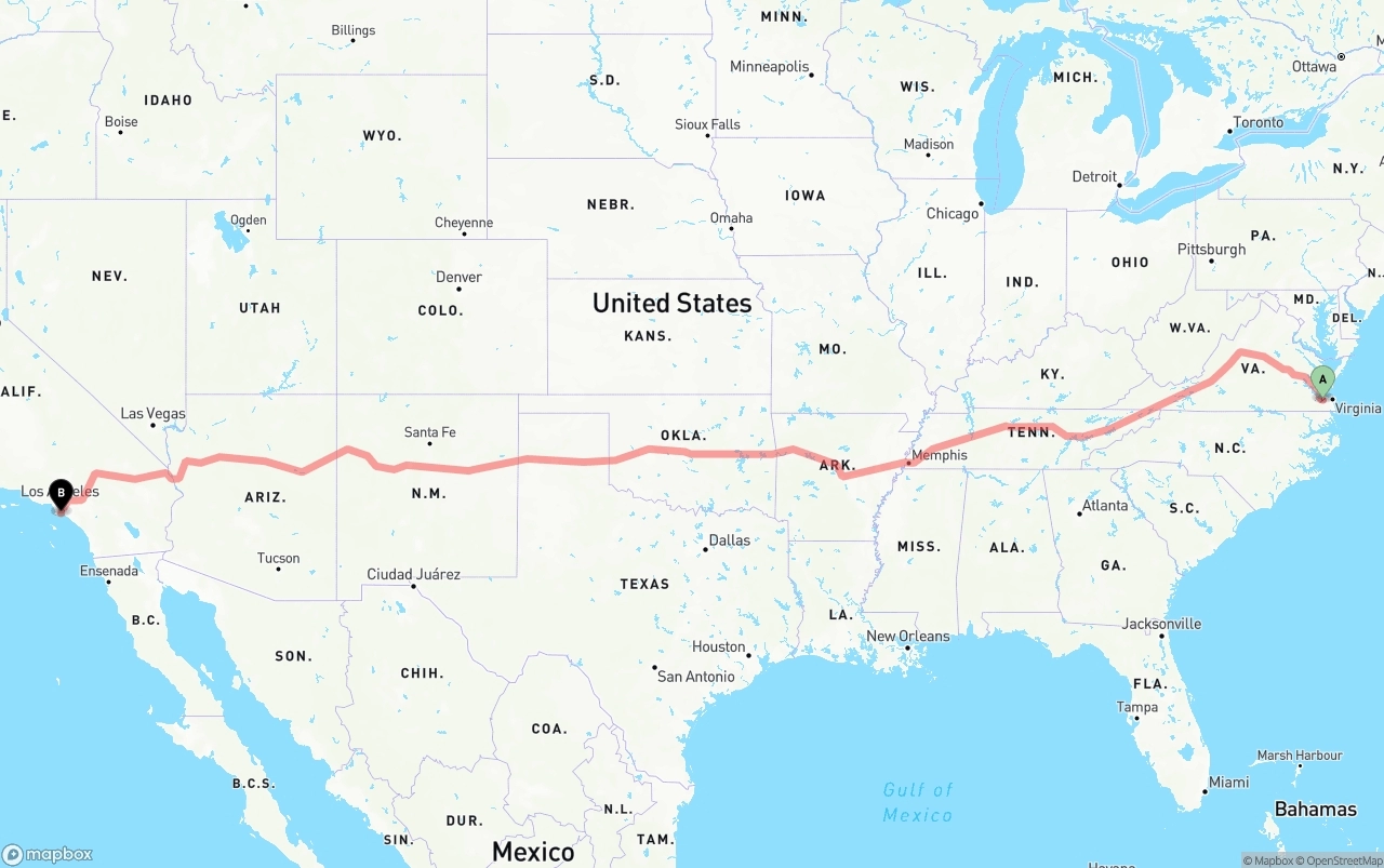 Shipping route from Port of Norfolk to Long Beach