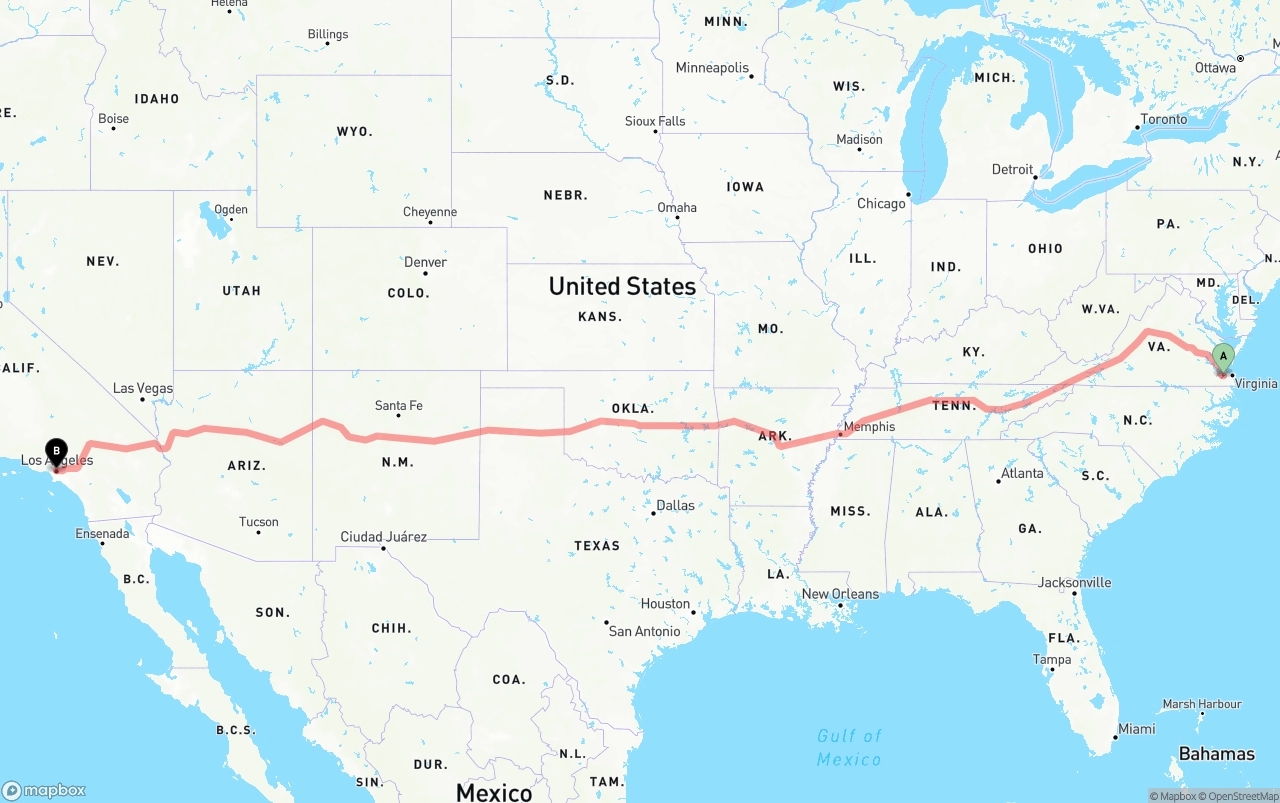 Shipping route from Port of Norfolk to Los Angeles
