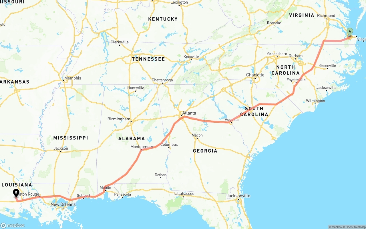 Shipping route from Port of Norfolk to Louisiana