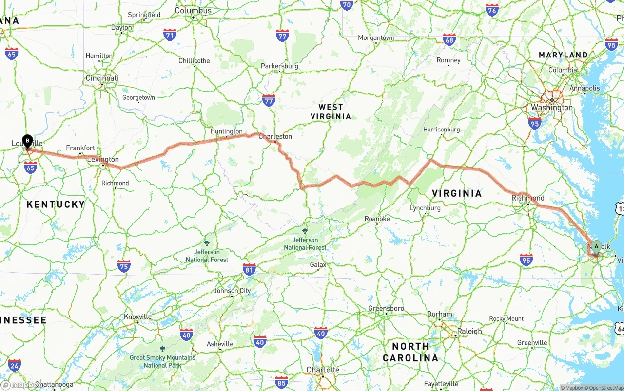 Shipping route from Port of Norfolk to Louisville
