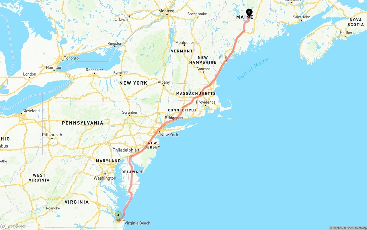Shipping route from Port of Norfolk to Maine