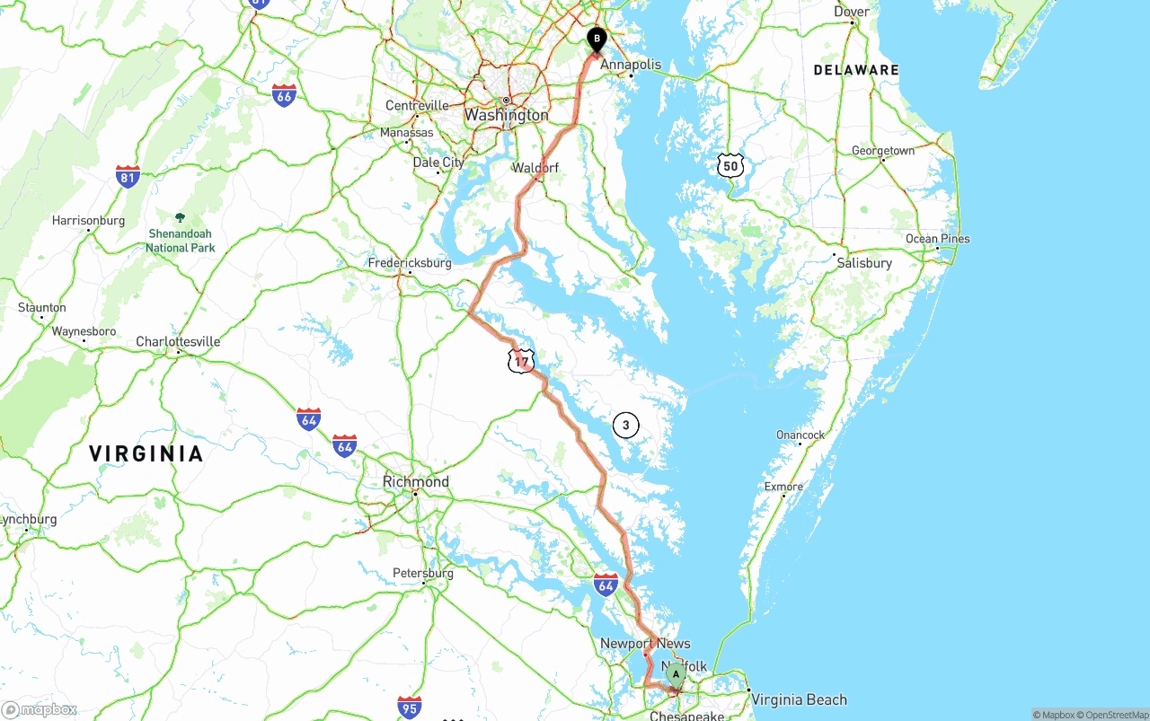 Shipping route from Port of Norfolk to Maryland