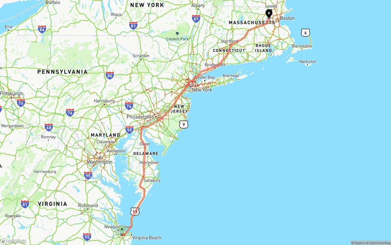 Shipping route from Port of Norfolk to Massachusetts