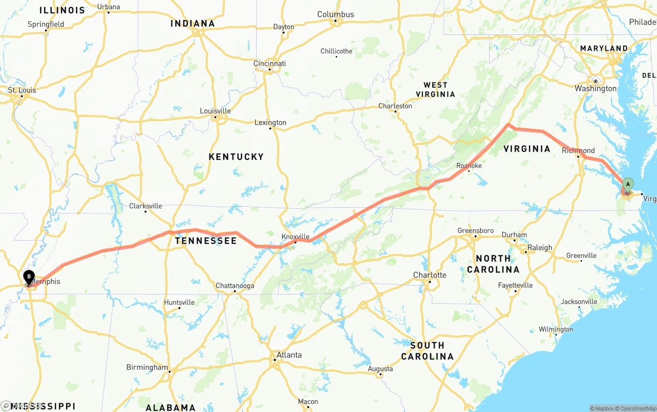 Shipping route from Port of Norfolk to Memphis
