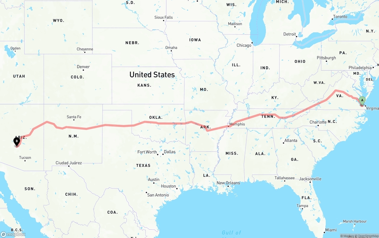 Shipping route from Port of Norfolk to Mesa