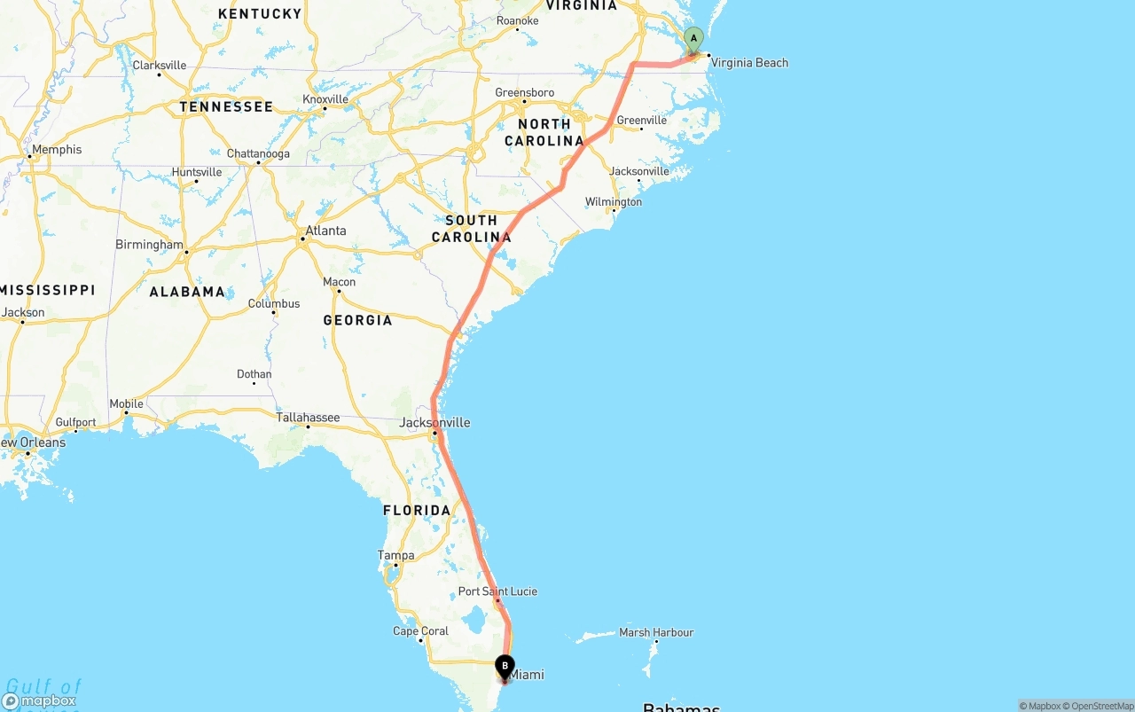 Shipping route from Port of Norfolk to Miami