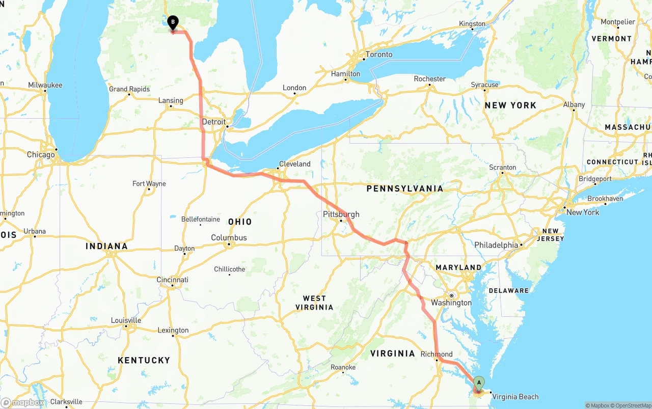Shipping route from Port of Norfolk to Michigan
