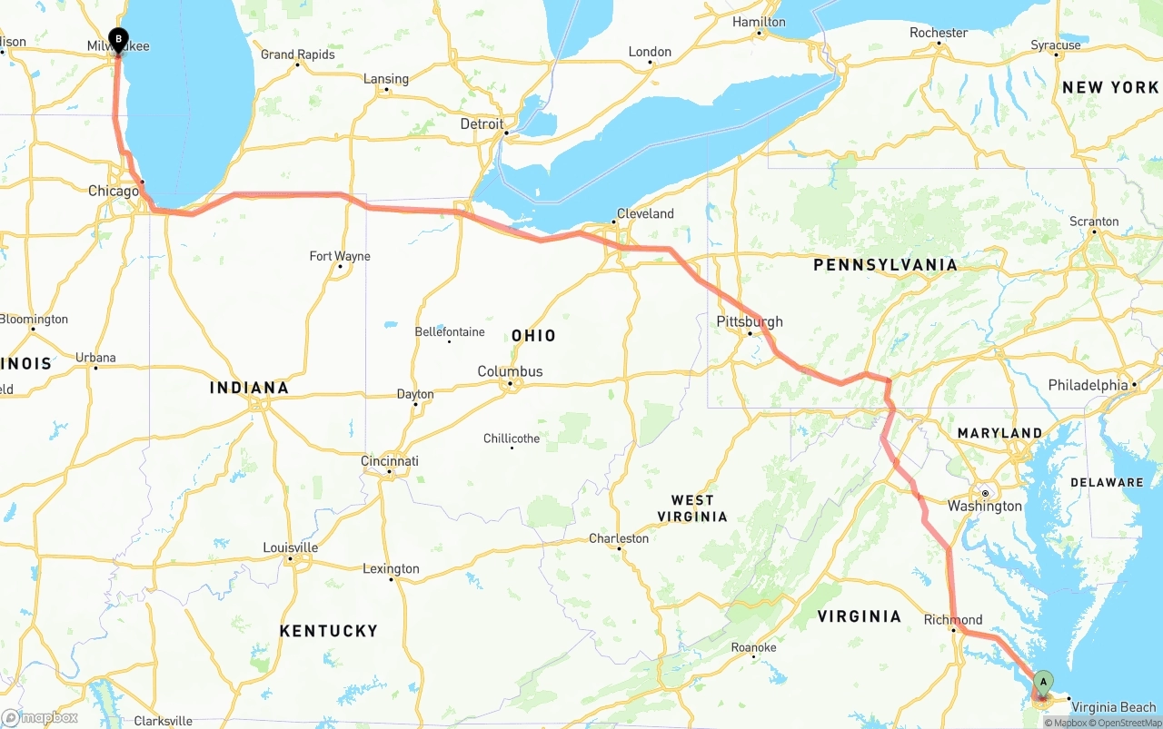 Shipping route from Port of Norfolk to Milwaukee