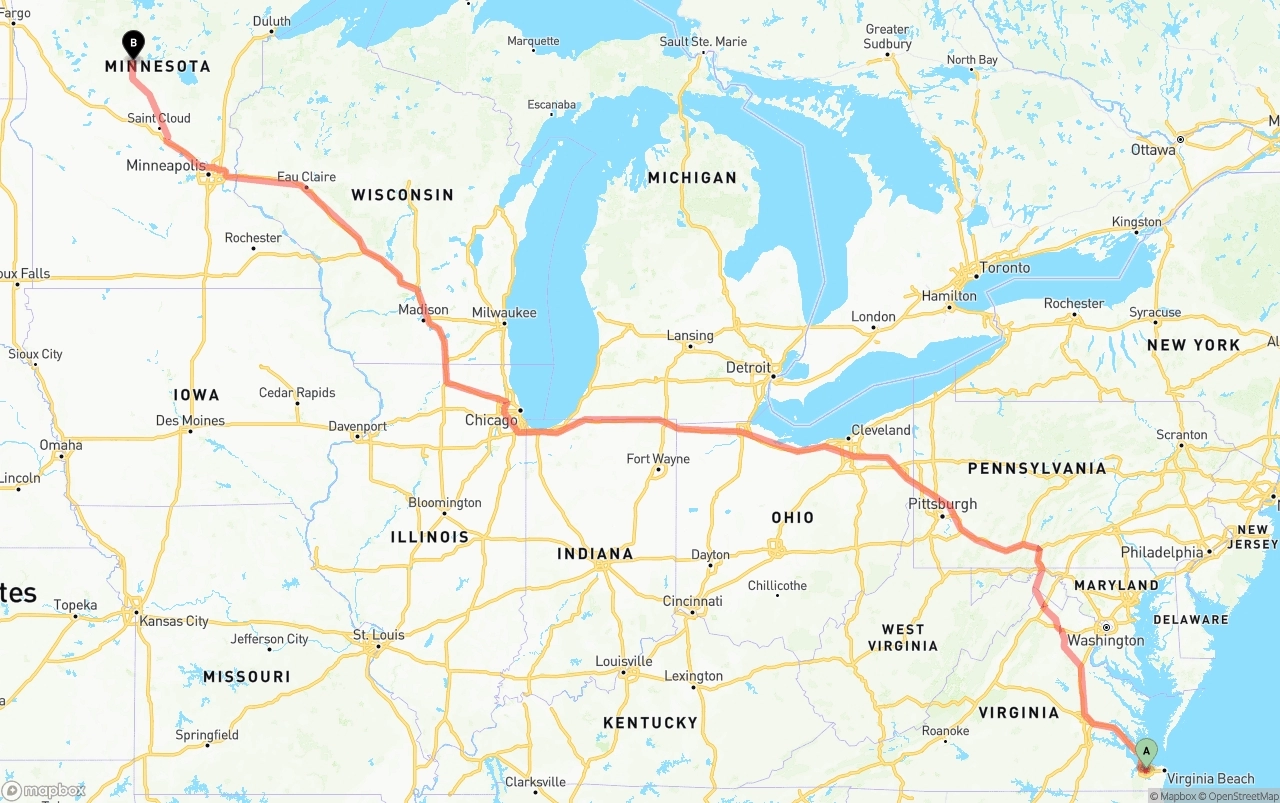 Shipping route from Port of Norfolk to Minnesota