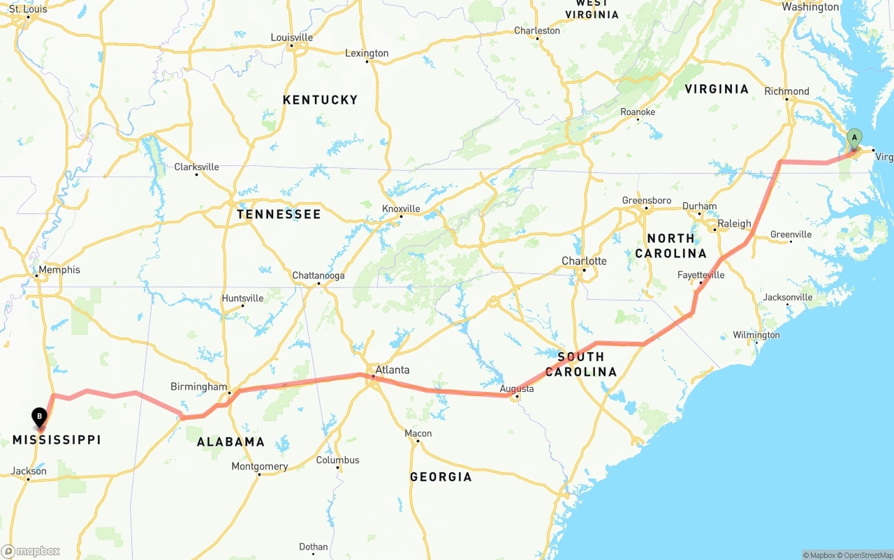 Shipping route from Port of Norfolk to Mississippi