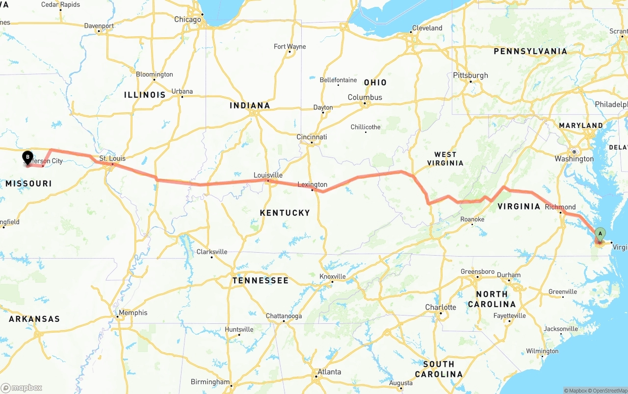 Shipping route from Port of Norfolk to Missouri