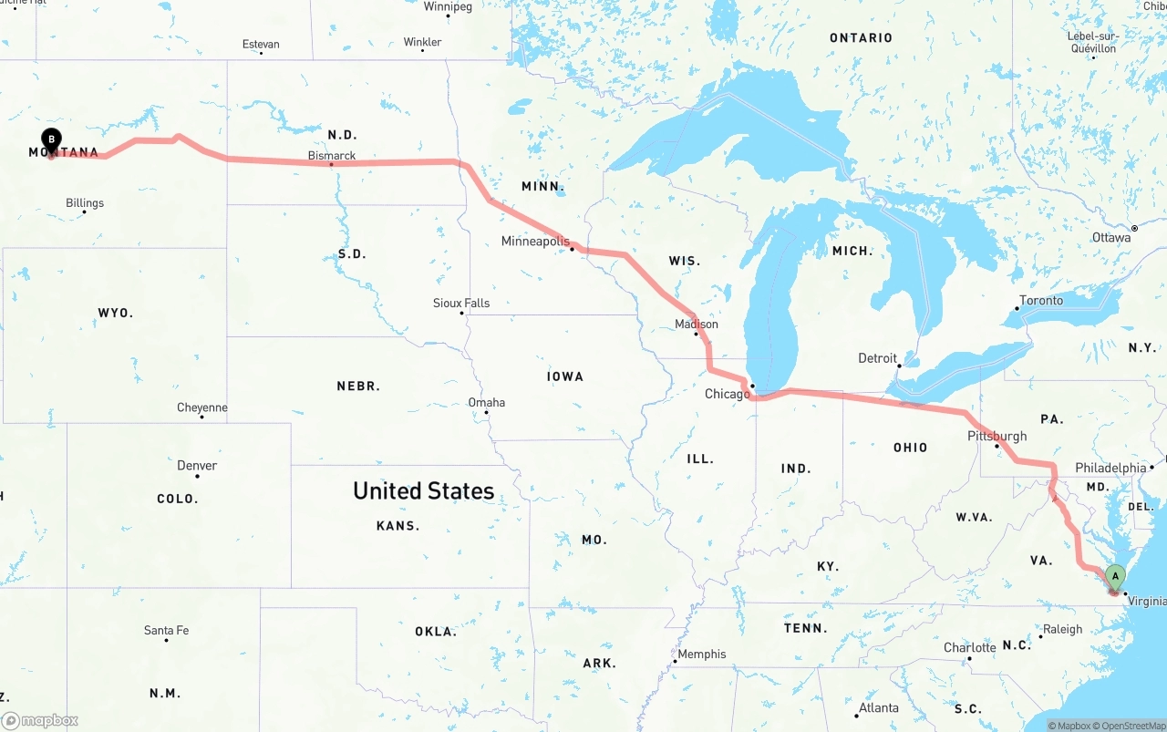 Shipping route from Port of Norfolk to Montana