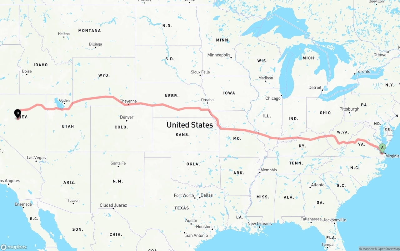 Shipping route from Port of Norfolk to Nevada