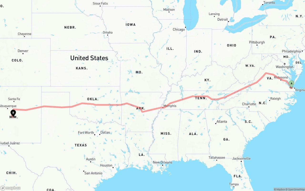Shipping route from Port of Norfolk to New Mexico