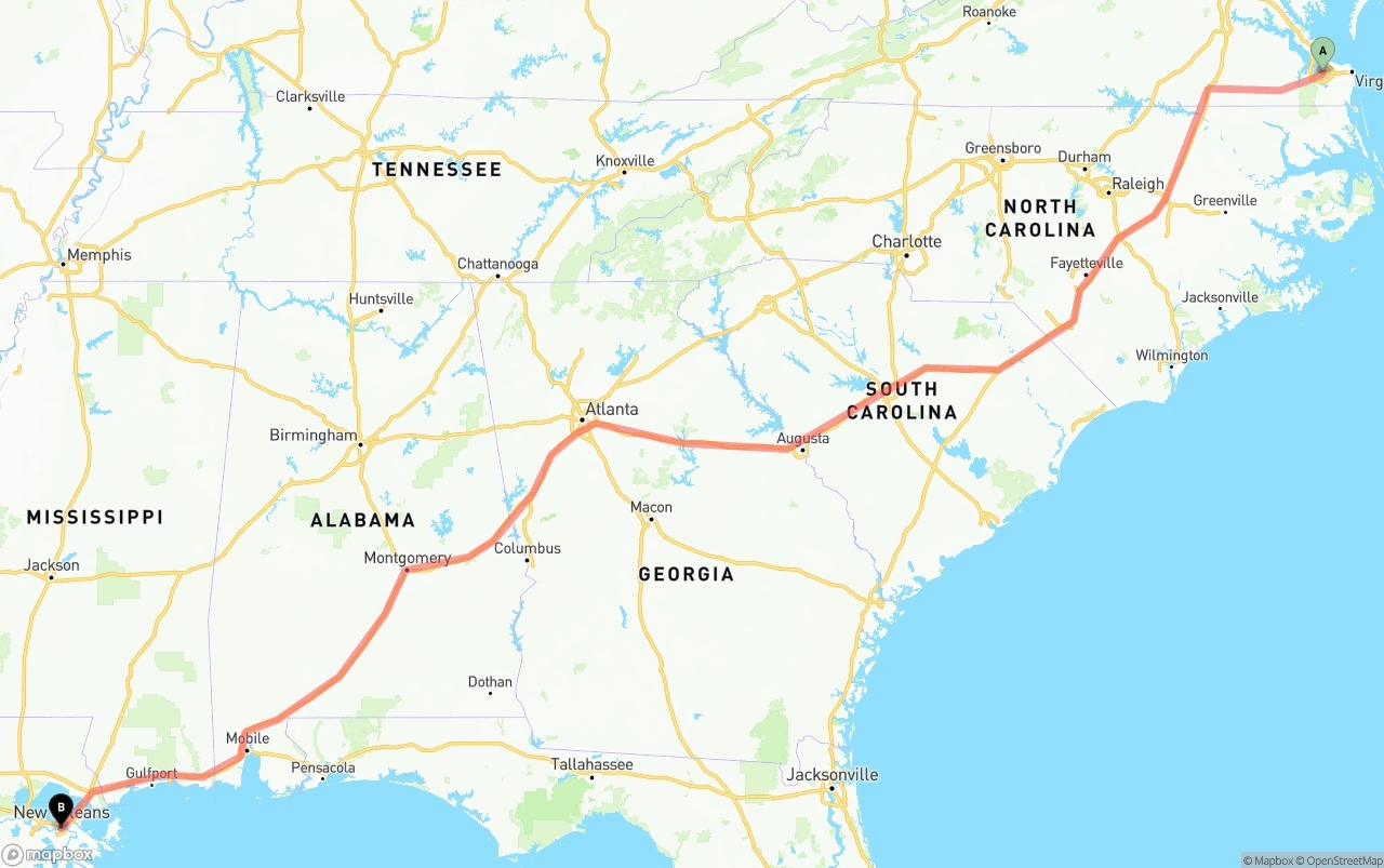 Shipping route from Port of Norfolk to New Orleans