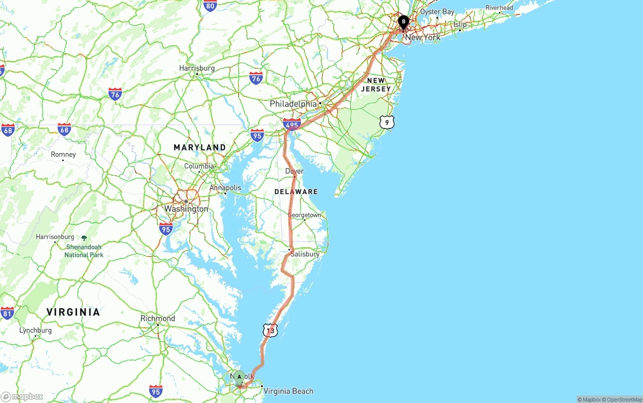 Shipping route from Port of Norfolk to New York City
