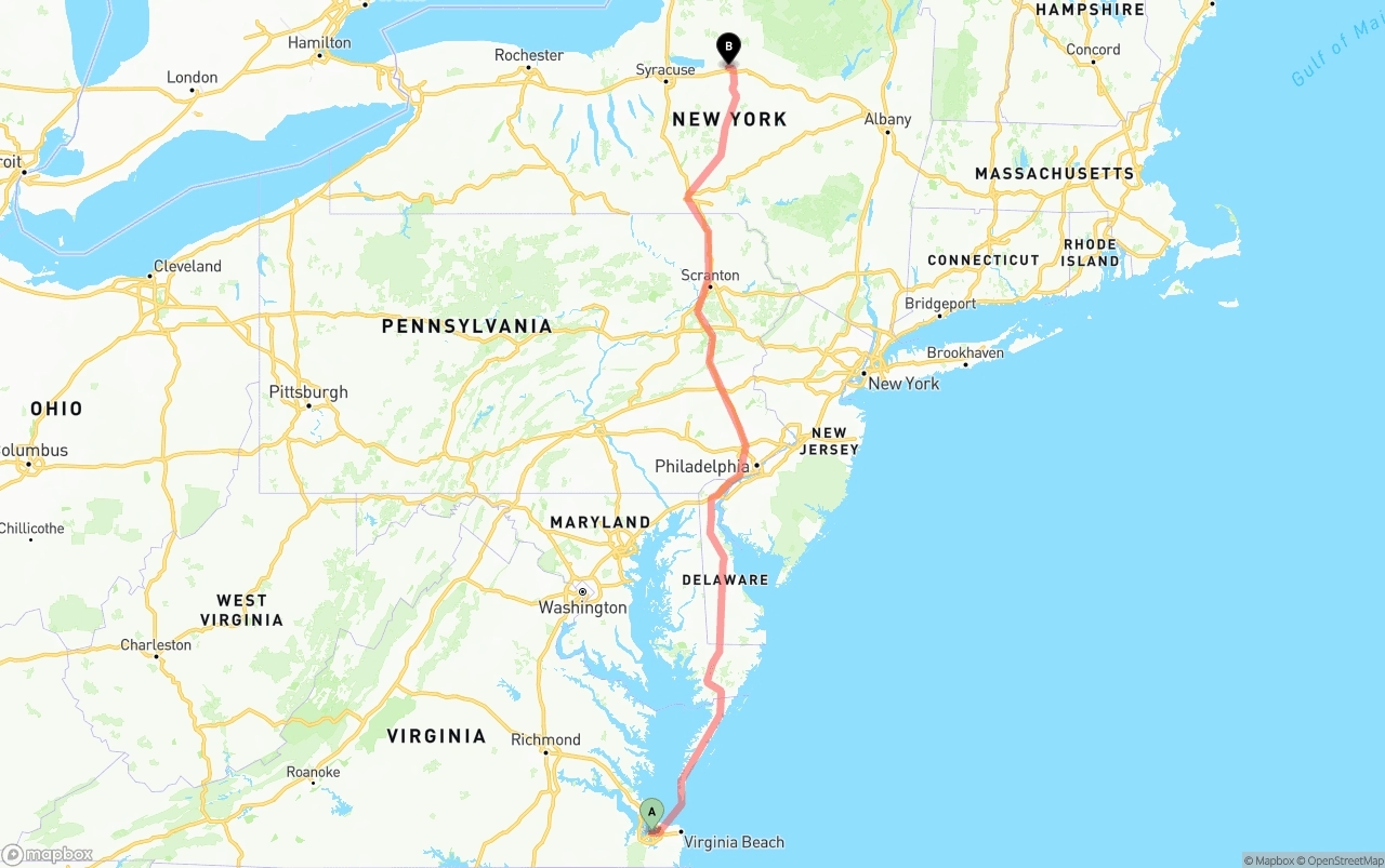 Shipping route from Port of Norfolk to New York