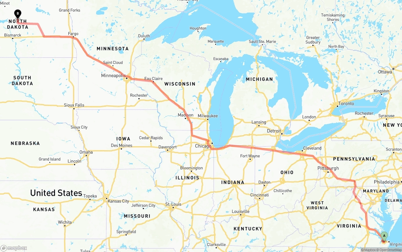 Shipping route from Port of Norfolk to North Dakota