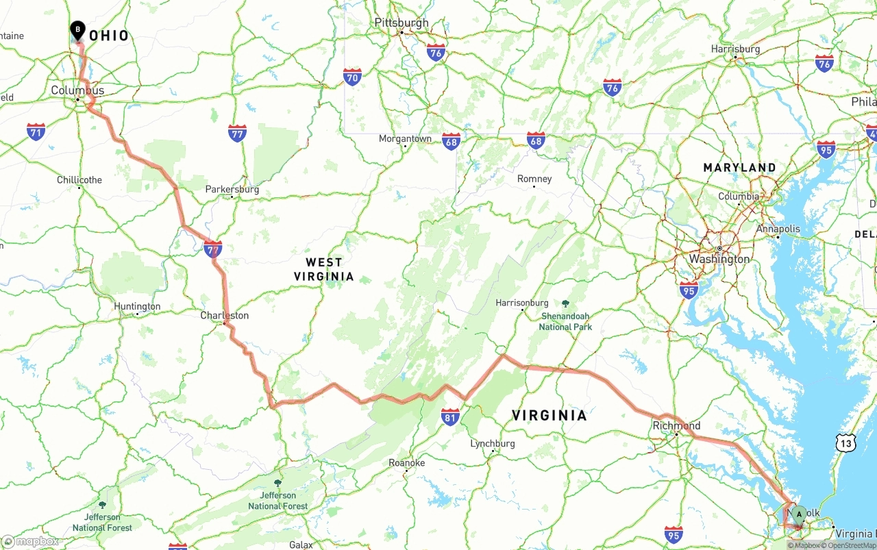 Shipping route from Port of Norfolk to Ohio