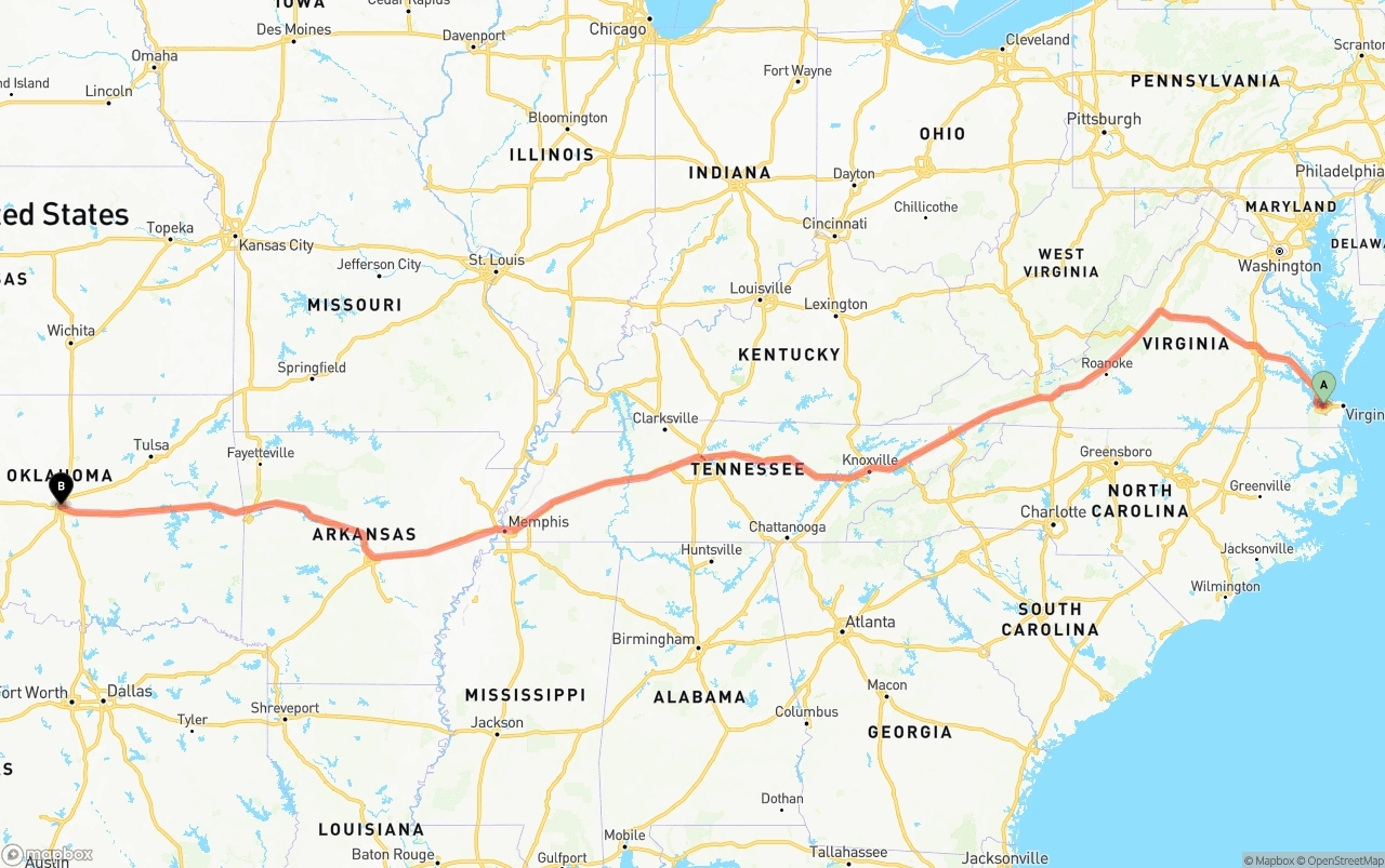 Shipping route from Port of Norfolk to Oklahoma City