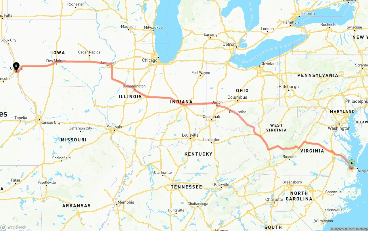 Shipping route from Port of Norfolk to Omaha