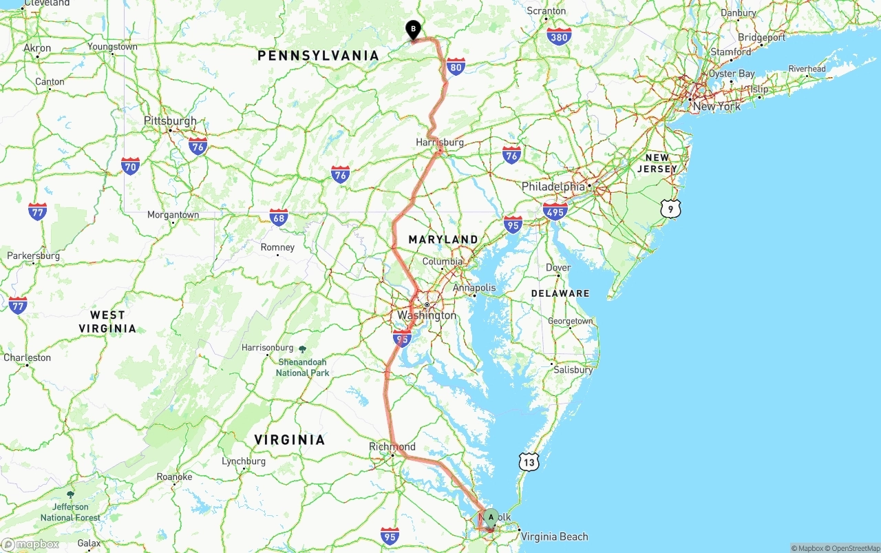 Shipping route from Port of Norfolk to Pennsylvania