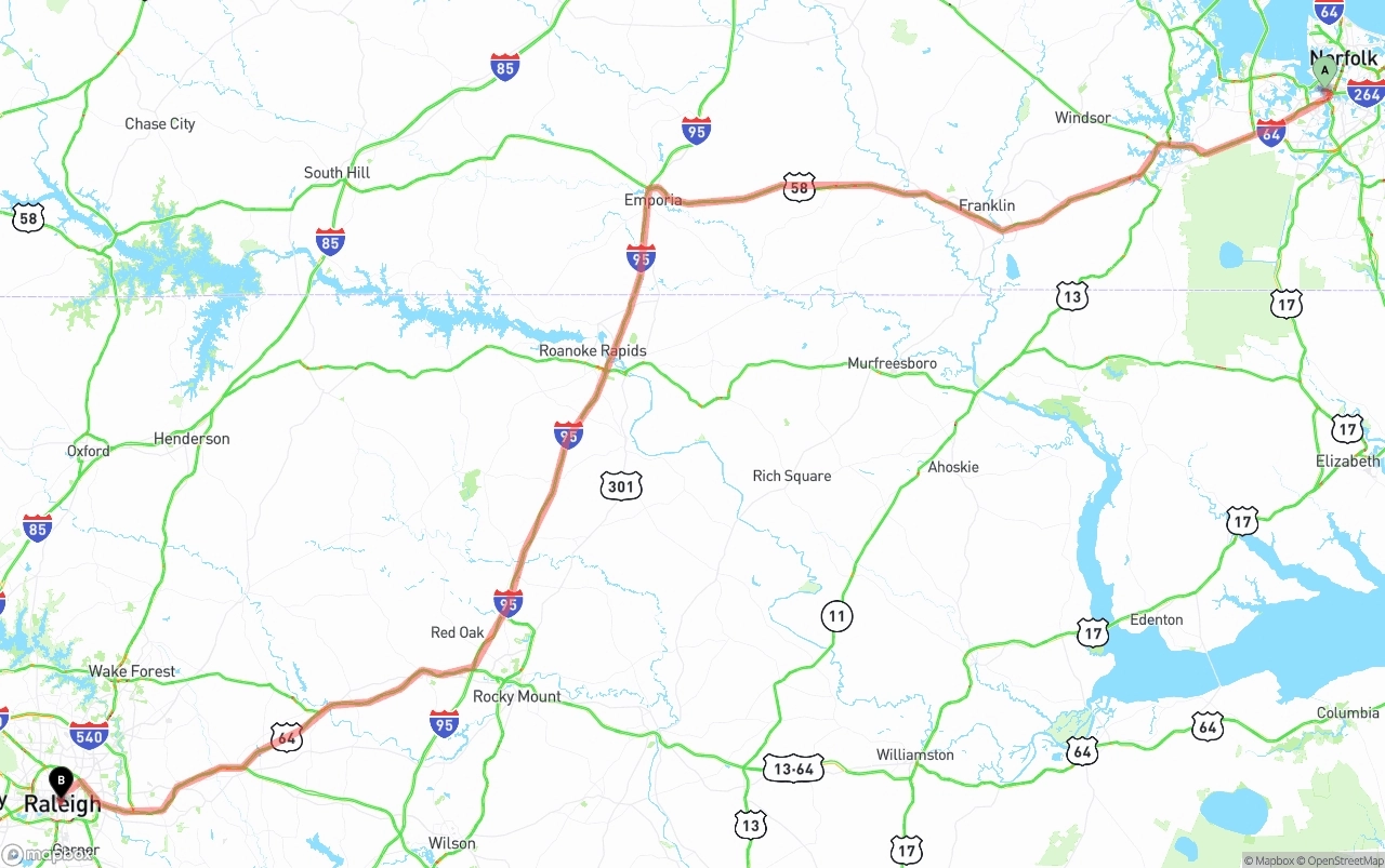 Shipping route from Port of Norfolk to Raleigh