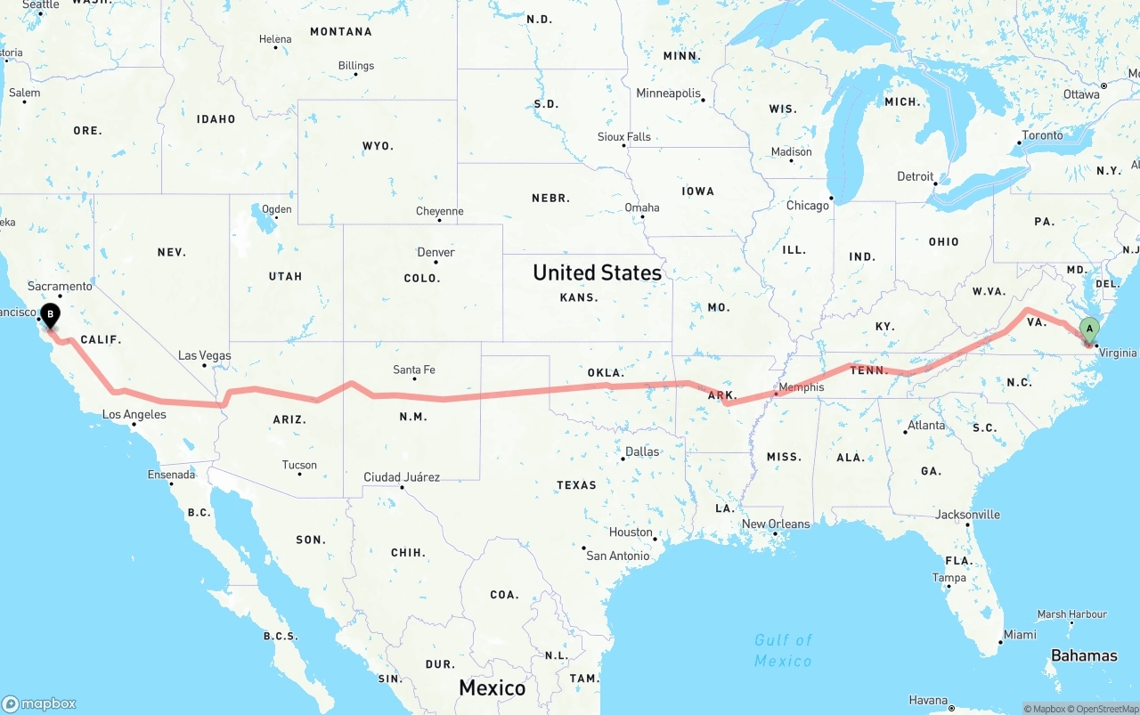 Shipping route from Port of Norfolk to San Jose