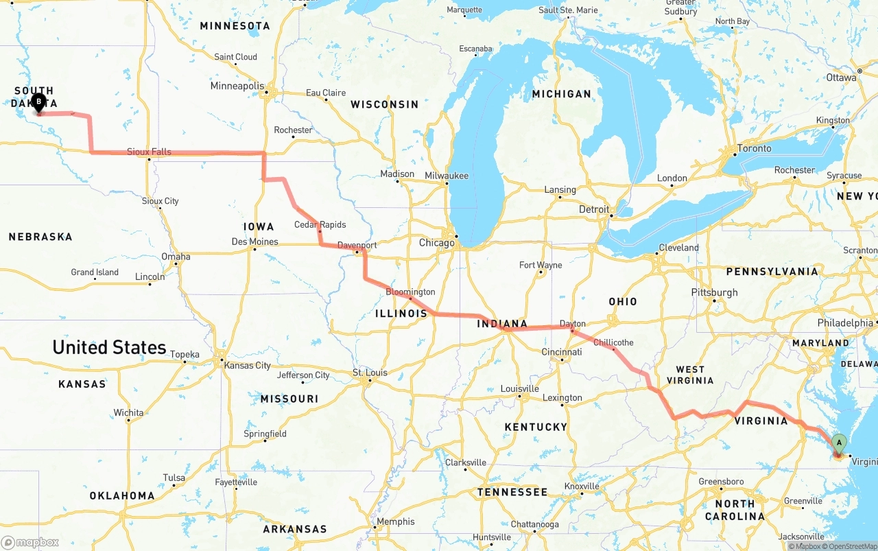 Shipping route from Port of Norfolk to South Dakota