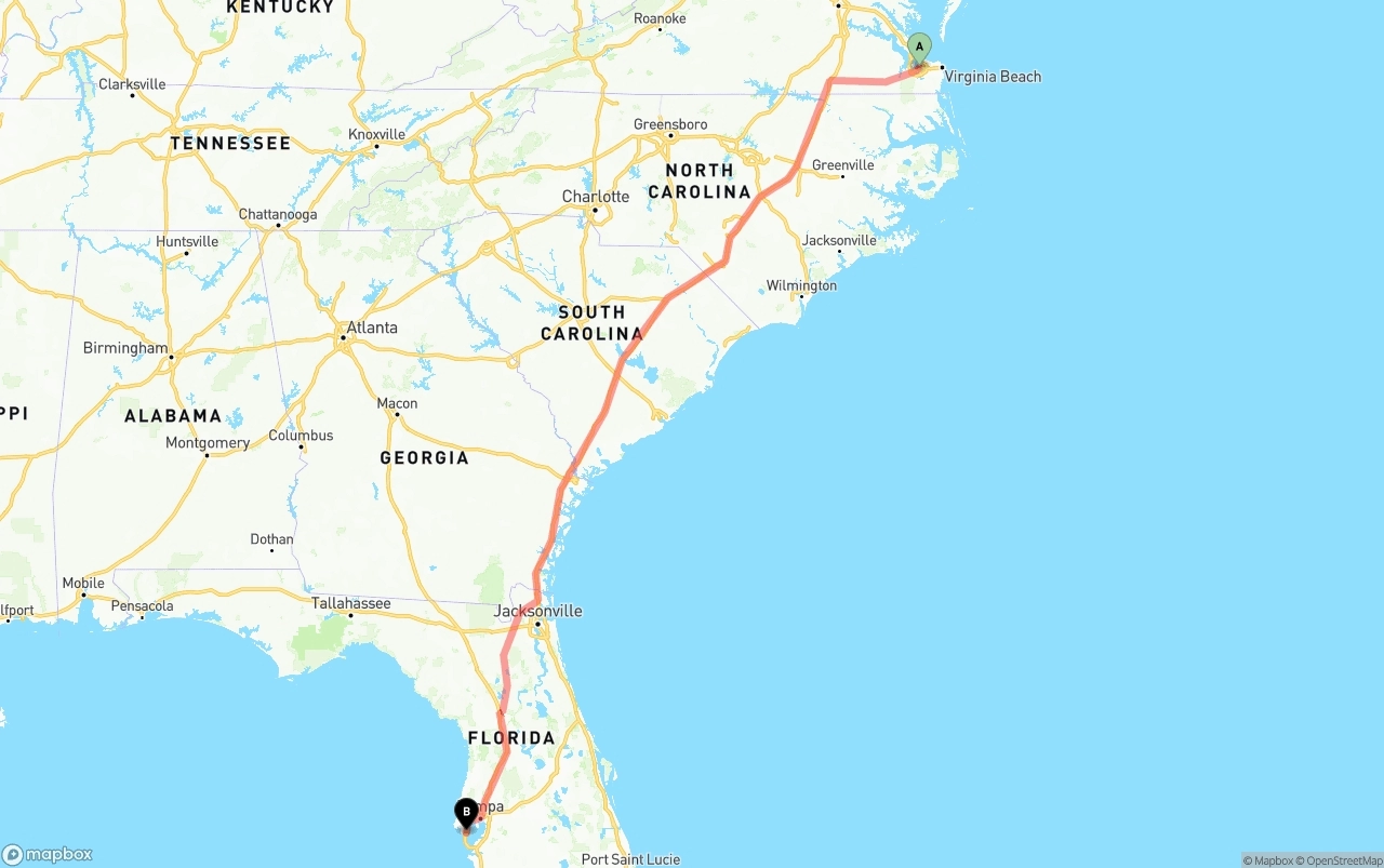 Shipping route from Port of Norfolk to St. Petersburg