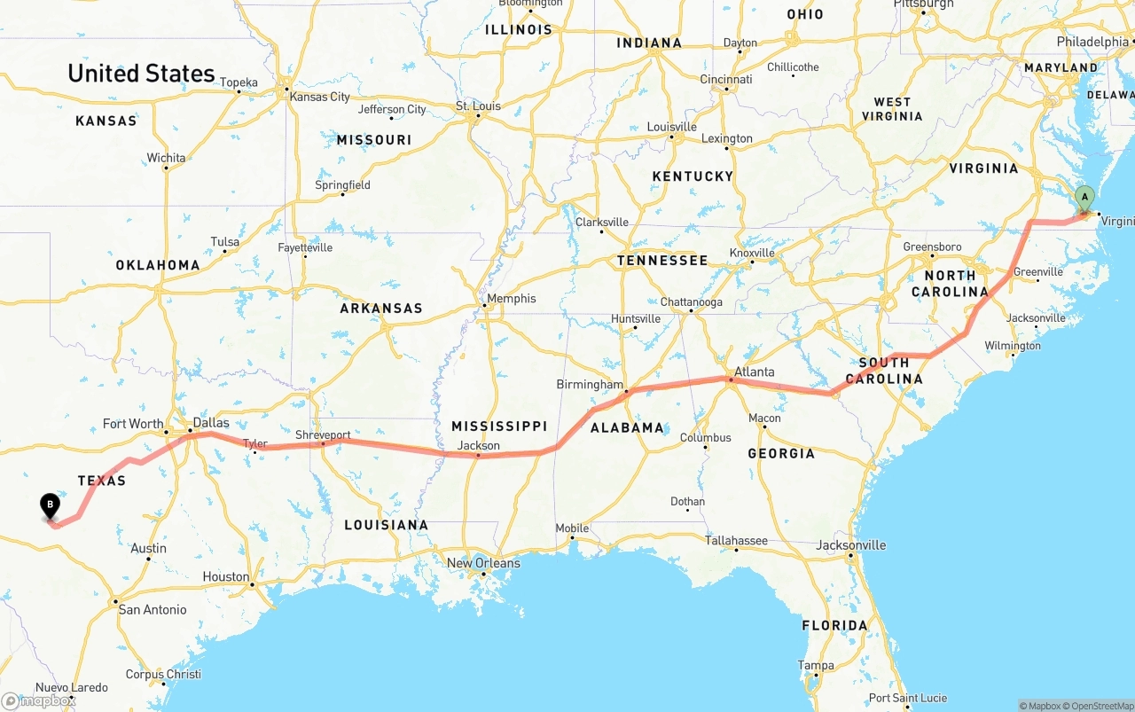 Shipping route from Port of Norfolk to Texas