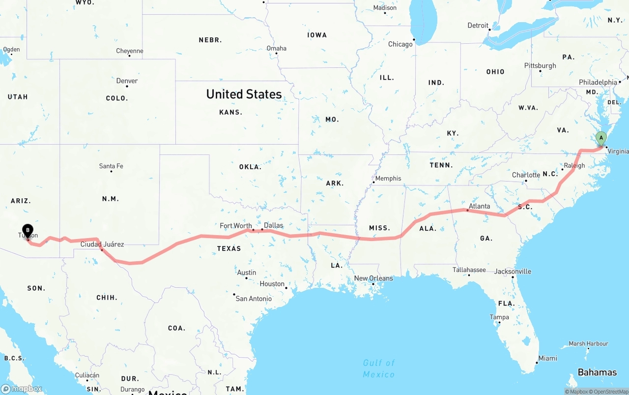 Shipping route from Port of Norfolk to Tucson