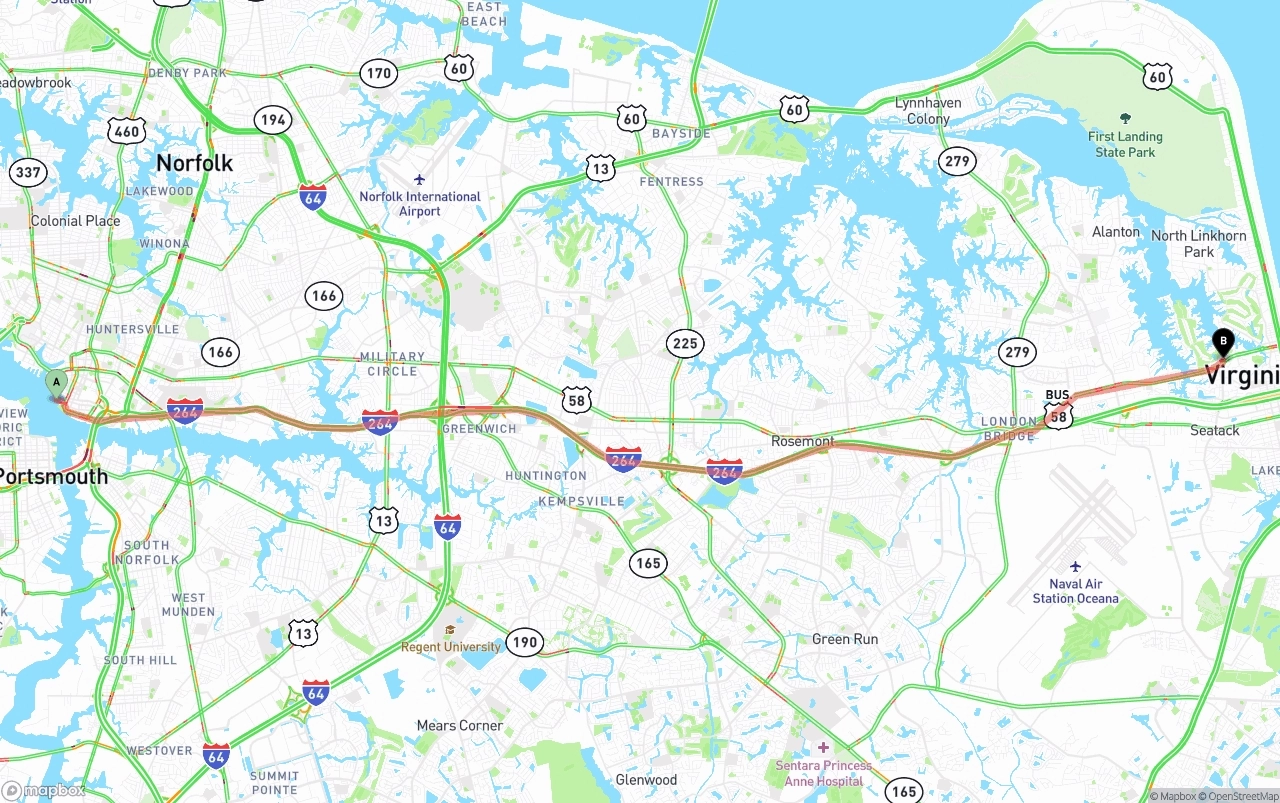 Shipping route from Port of Norfolk to Virginia Beach