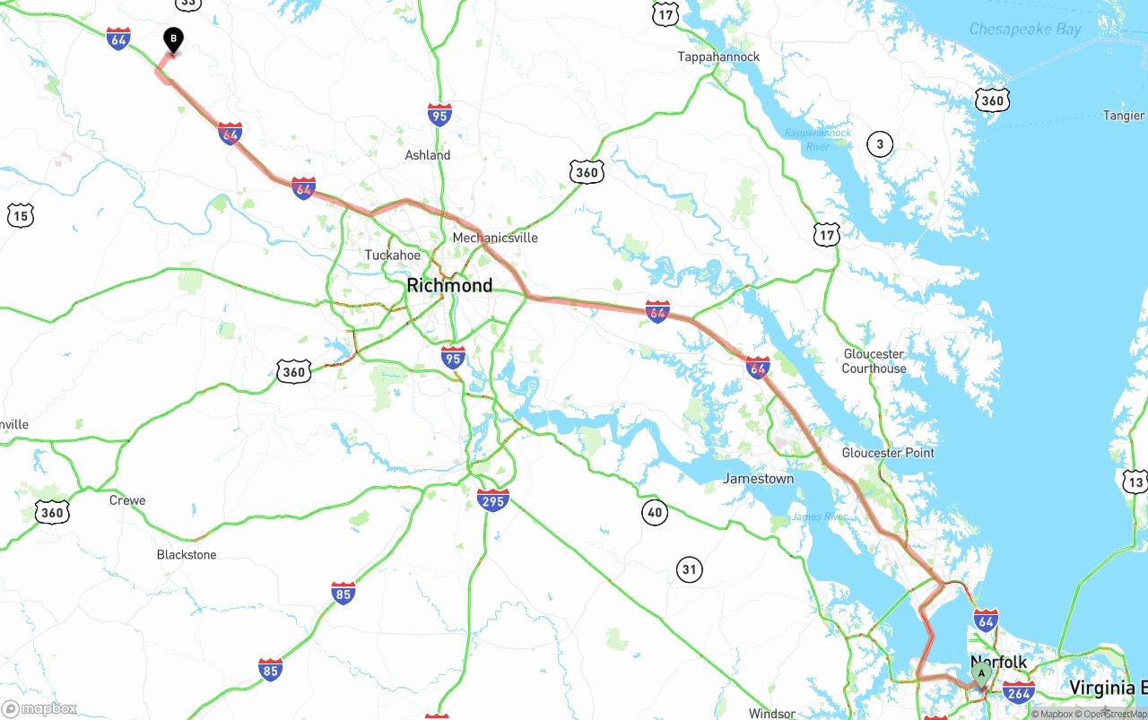 Shipping route from Port of Norfolk to Virginia
