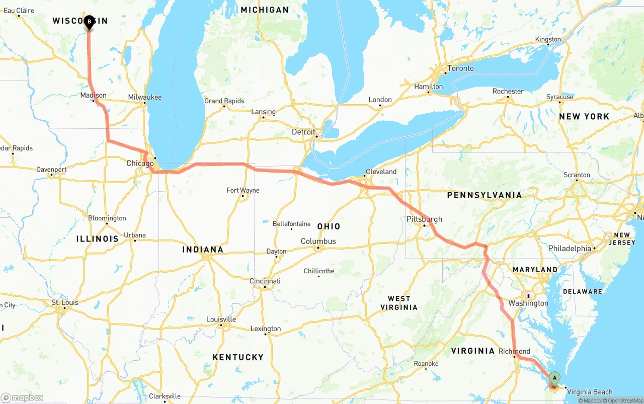 Shipping route from Port of Norfolk to Wisconsin