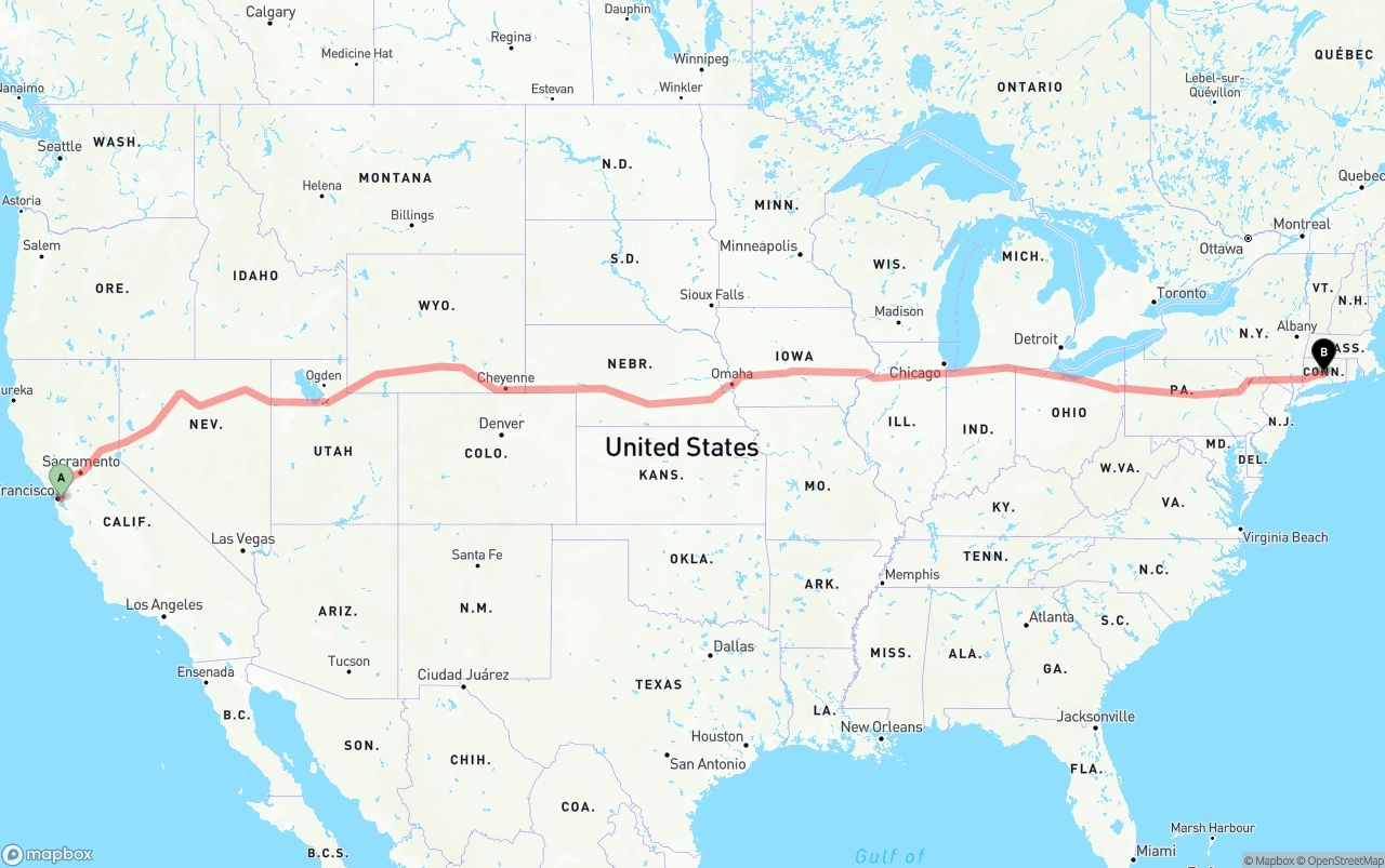Shipping route from Port of Oakland to Connecticut