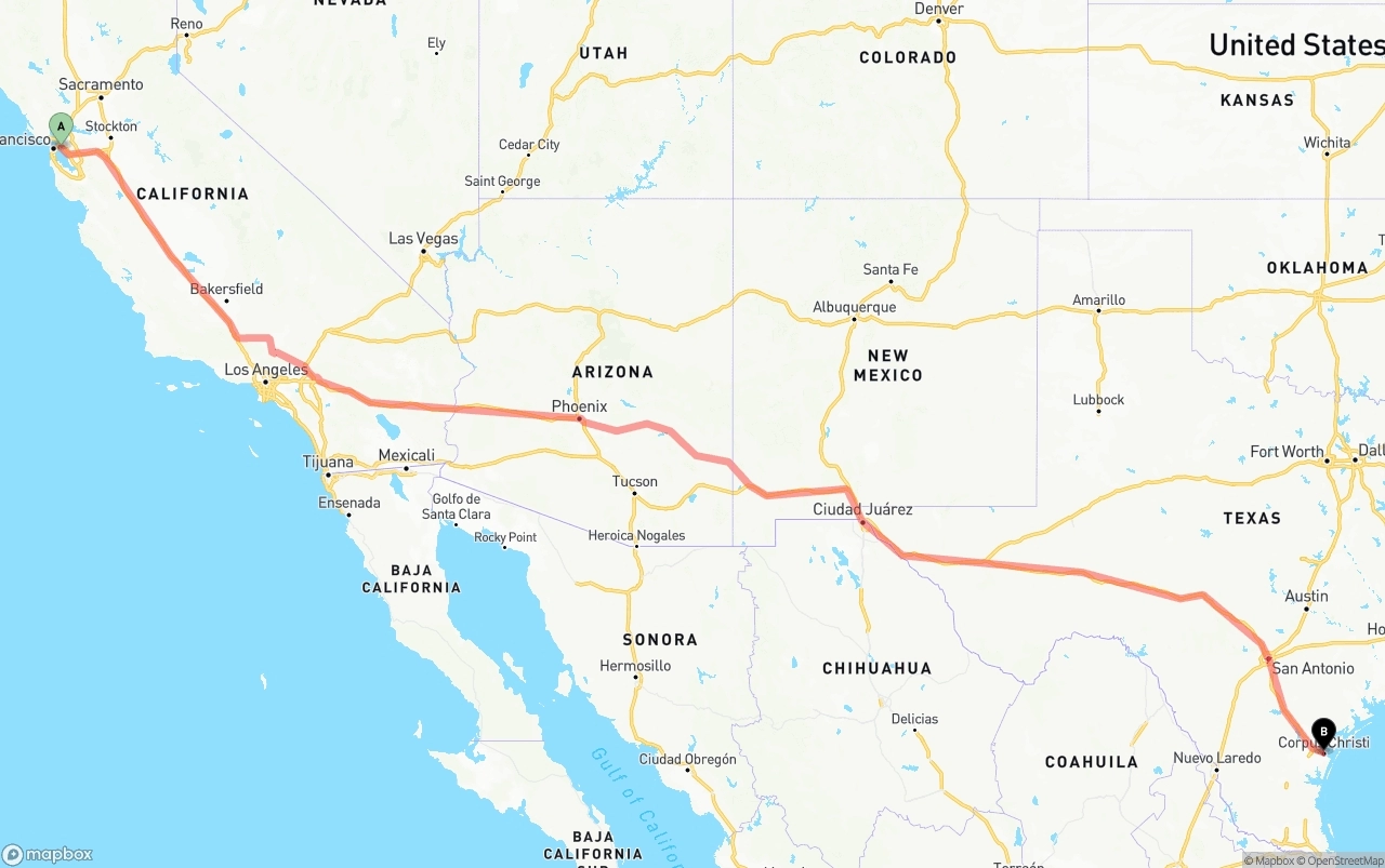 Shipping route from Port of Oakland to Corpus Christi