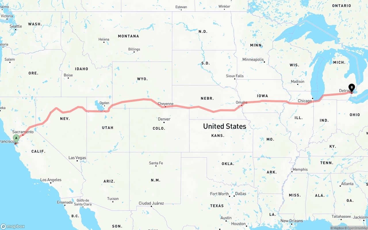 Shipping route from Port of Oakland to Detroit