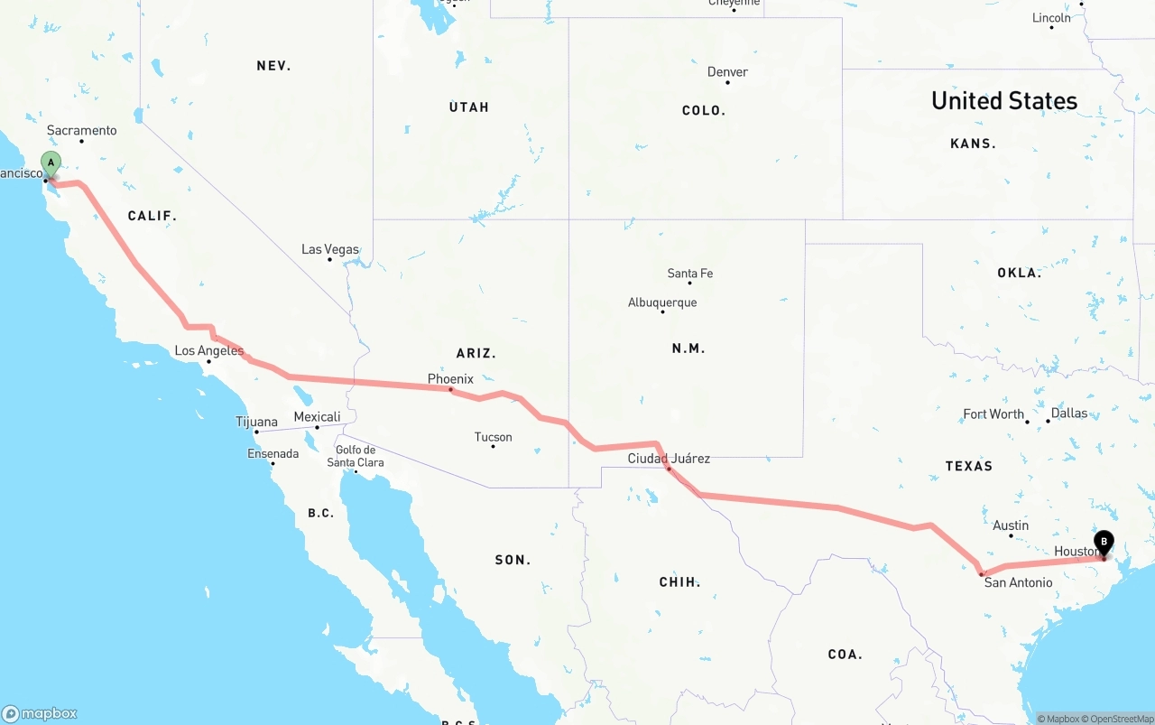 Shipping route from Port of Oakland to Houston