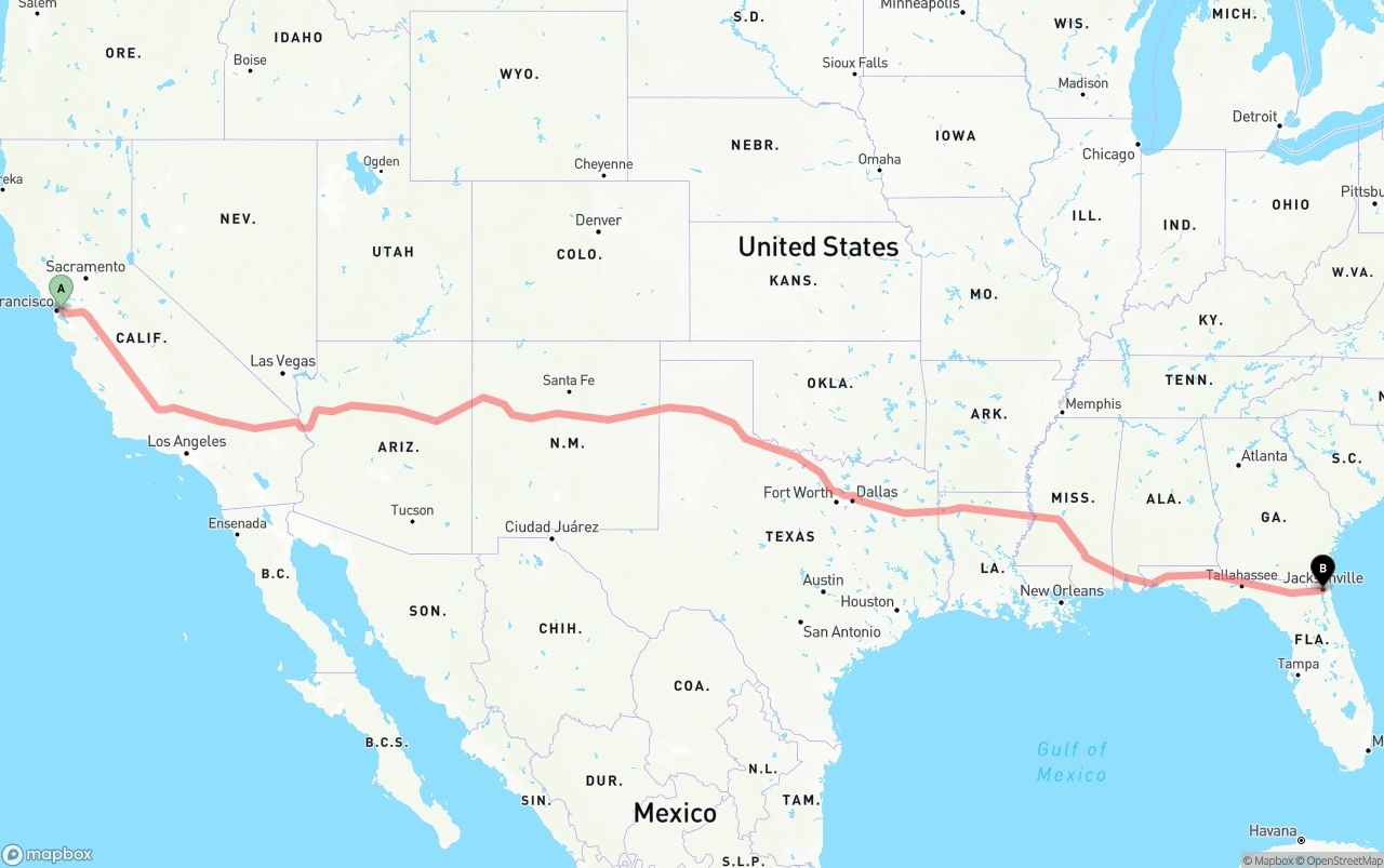 Shipping route from Port of Oakland to Jacksonville