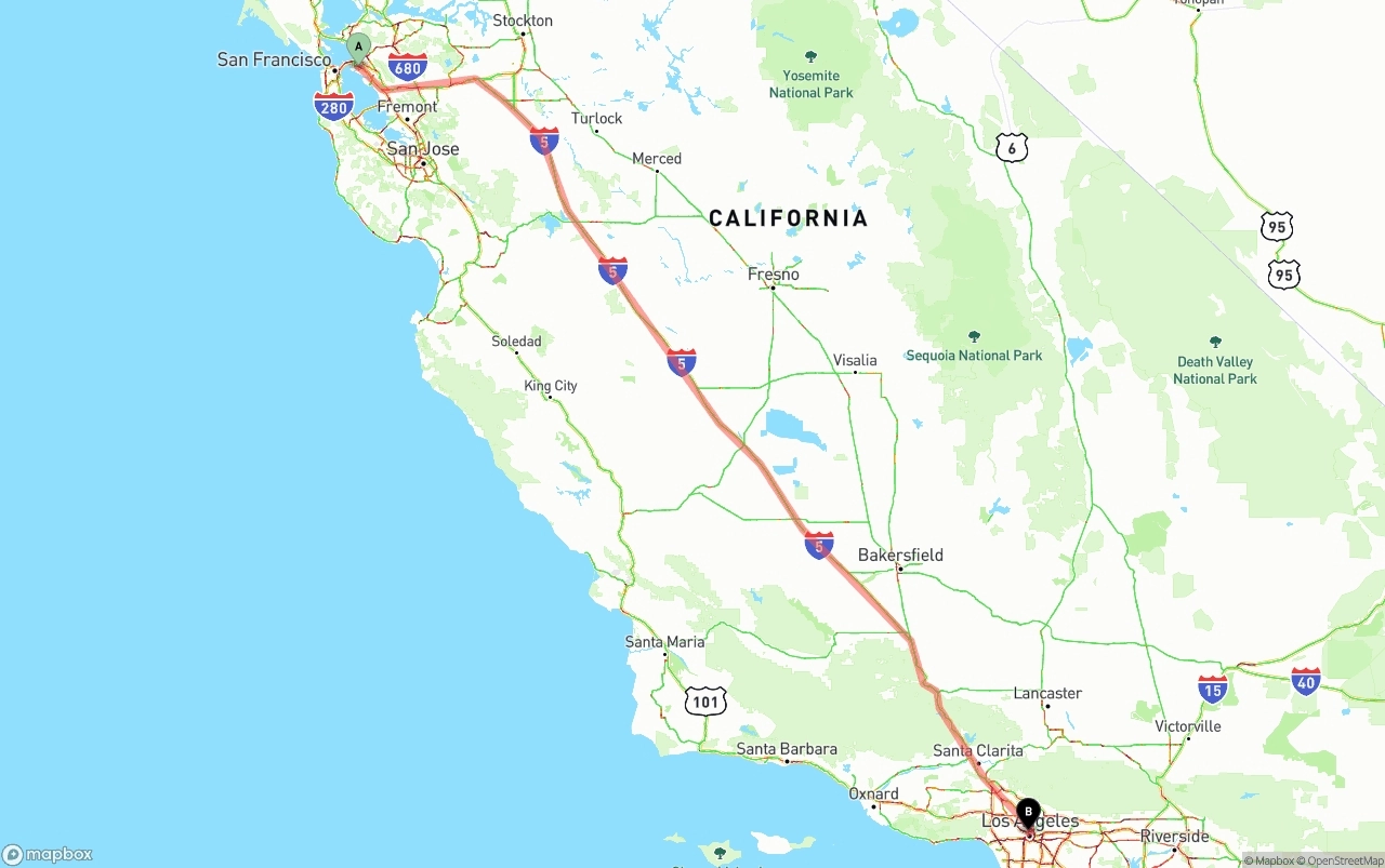 Shipping route from Port of Oakland to Los Angeles