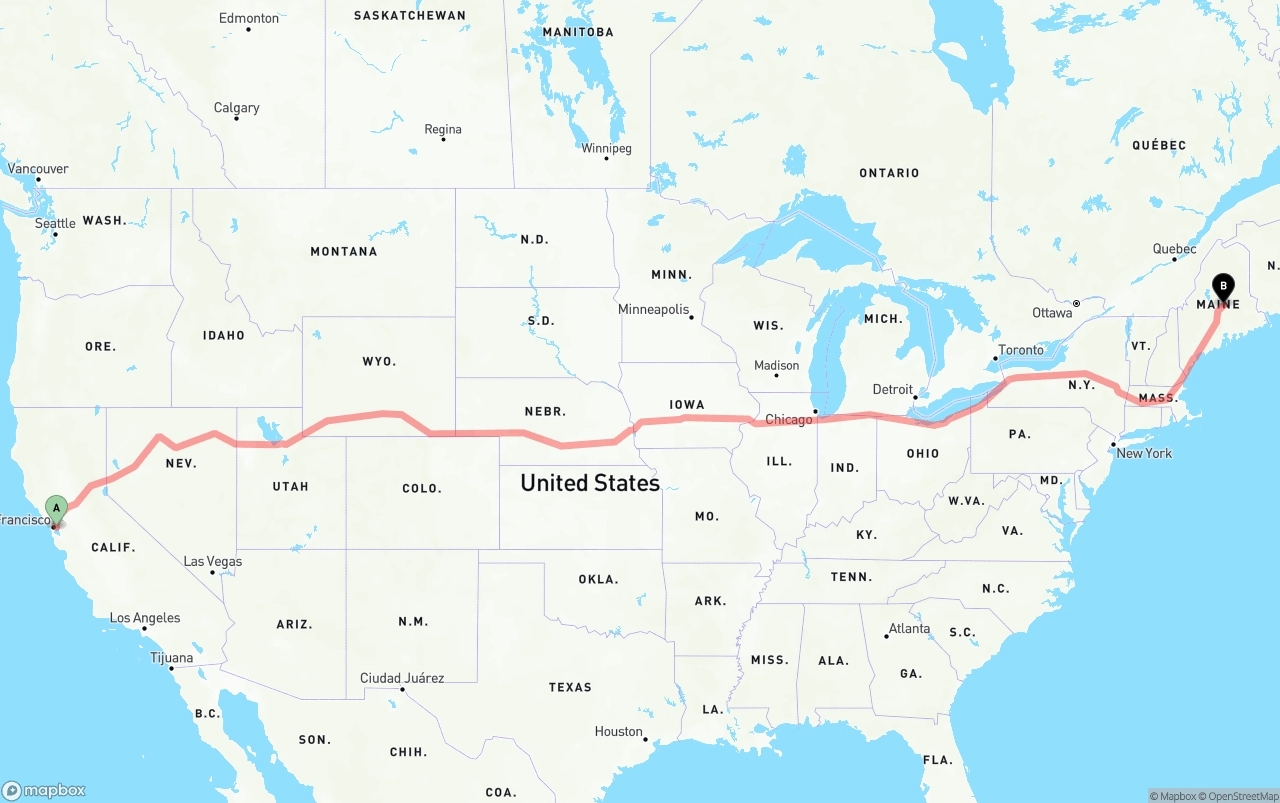 Shipping route from Port of Oakland to Maine
