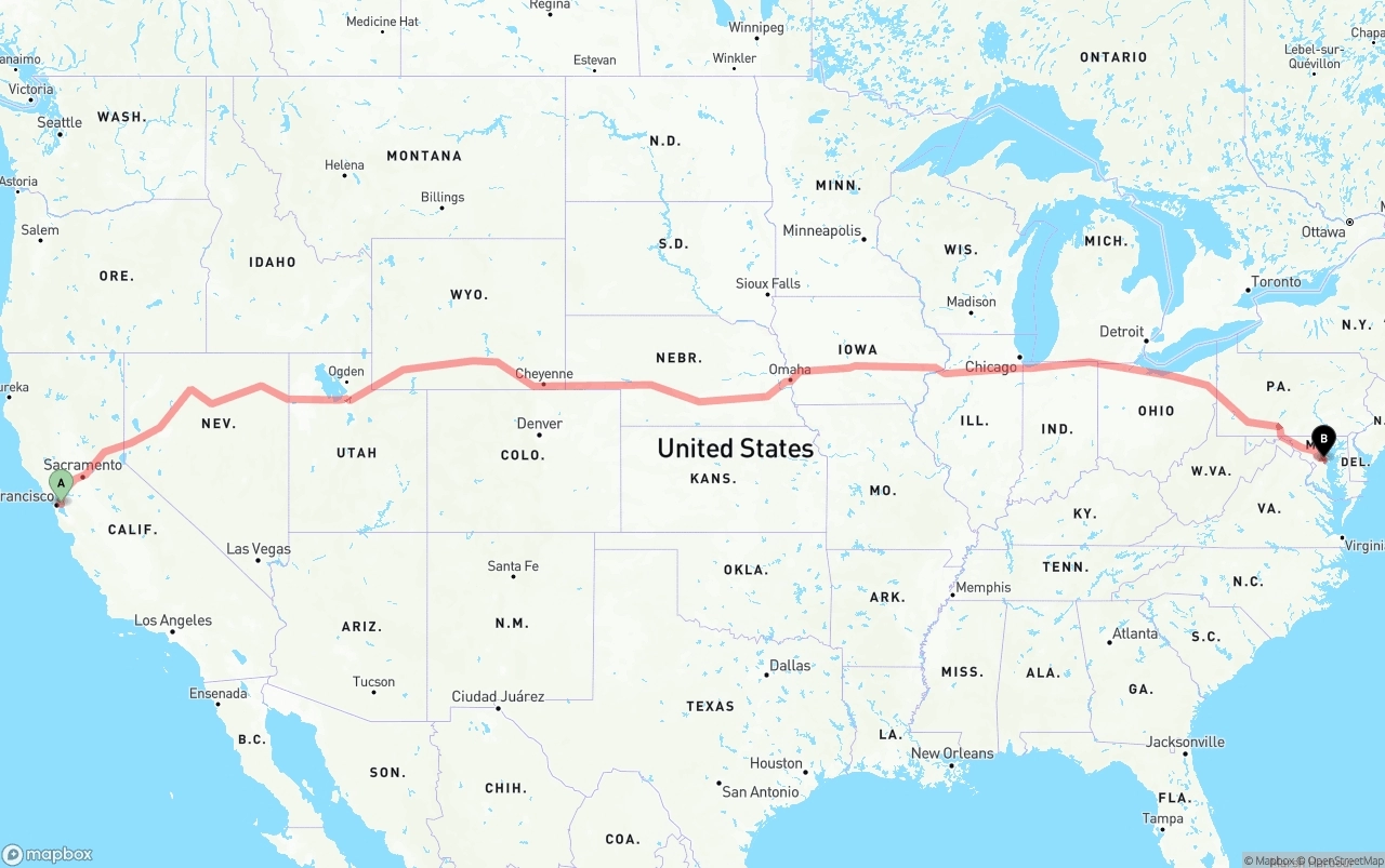 Shipping route from Port of Oakland to Maryland