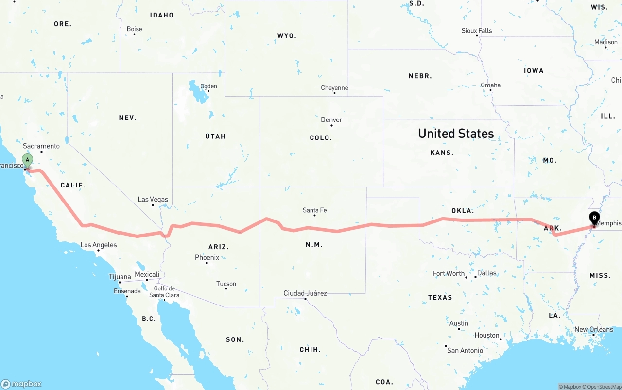 Shipping route from Port of Oakland to Memphis