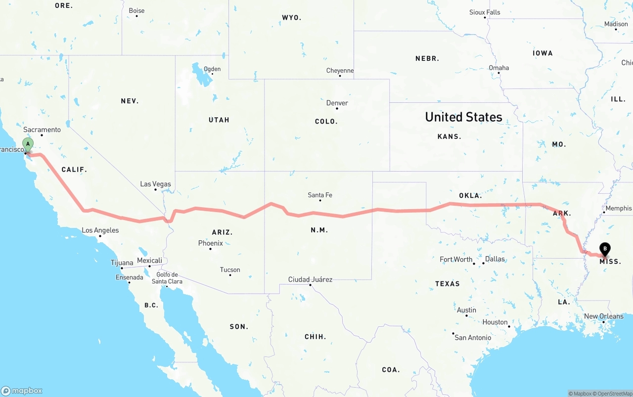 Shipping route from Port of Oakland to Mississippi