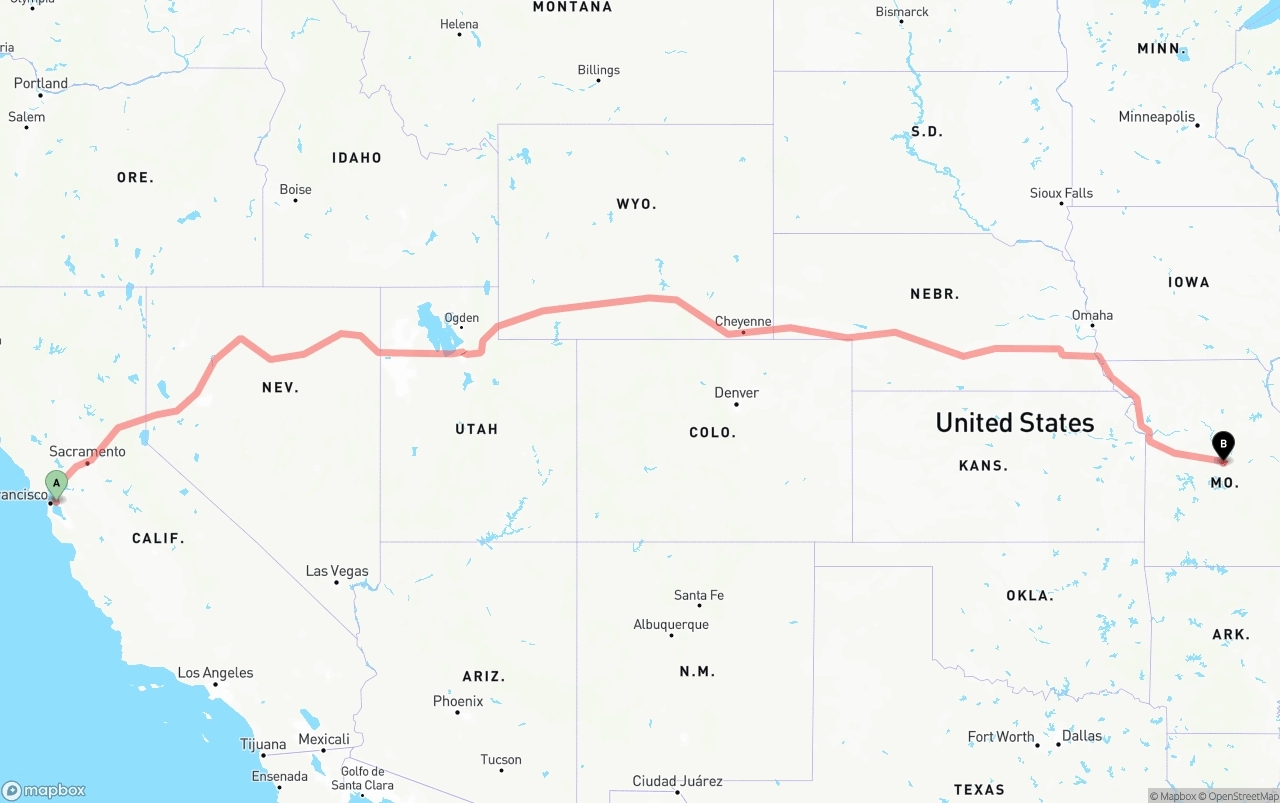 Shipping route from Port of Oakland to Missouri