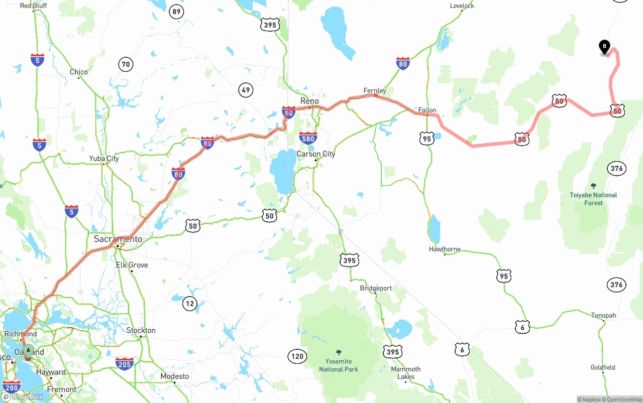 Shipping route from Port of Oakland to Nevada